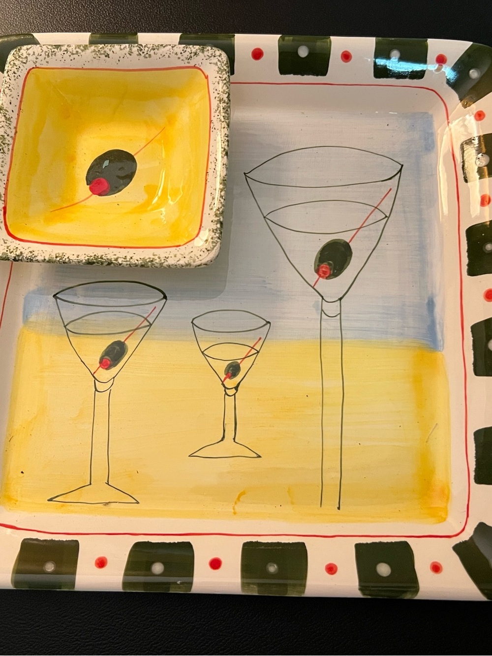 Square Ceramic Platter w/ Attached Dip Bowl Martini Glasses Cocktails Multicolor